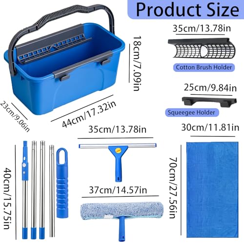 Window Cleaning Kit with 3 Gallon Bucket | 63" Long Handle 14" Window Squeegee & 15" Microfiber Scrubber, Multi‑Purpose Window Washing Tools for Home Car Outdoor Commercial