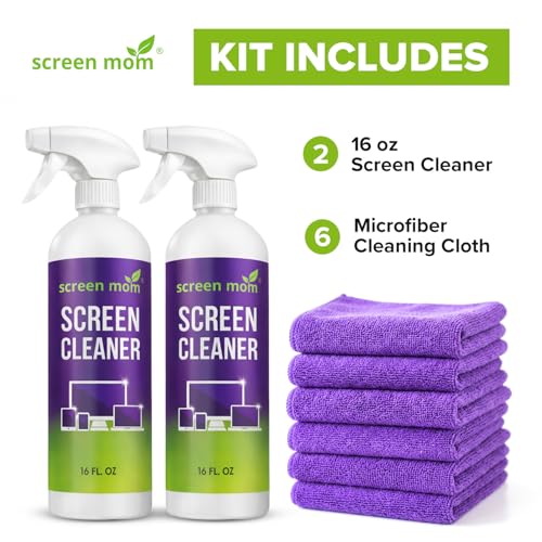 Screen Mom Ultimate Screen Cleaning Kit - 2 Pcs 16oz TV Screen Cleaner Spray and 6 Pcs Microfiber Cloths TV Cleaner Spray and Cloth, Laptop, Phone, iPad, Car and Computer Cleaning Kit Electronic