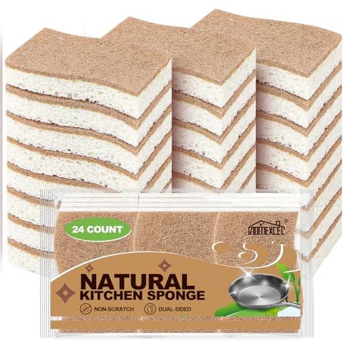 HOMEXCEL Sponges Kitchen, 24 Packs Non-Scratch Natural Sponge for Dishes Cookware, Biodegradable Cellulose Scrub Sponges for Dishwashing Cleaning Household Bathroom - color: Brown-s Shape
