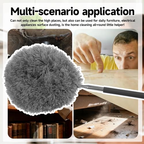 Extendable Microfiber Duster, Telescoping Dusting Brush for Home and Car Cleaning, Adjustable Length, Soft and Flexible - color: Round Grey