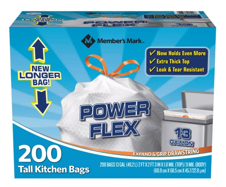 Member's Mark Power Flex Tall Kitchen Drawstring Bags, 200 Count - size: 200 Count (Pack of 1)