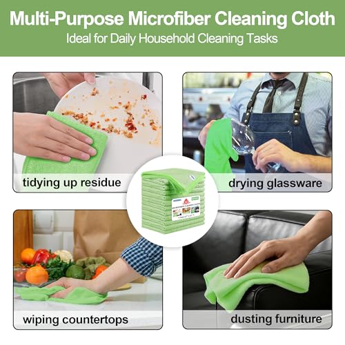 Microfiber Cleaning Cloth, 12 Pack Green Cleaning Rags,12" X 11" Lint Free Dish Towels Wash Cloths, Reusable Microfiber Towels for Home and Kitchen Bathroom Apartment Cleaning Supplies - color: Sage Green, size: 12 Pack