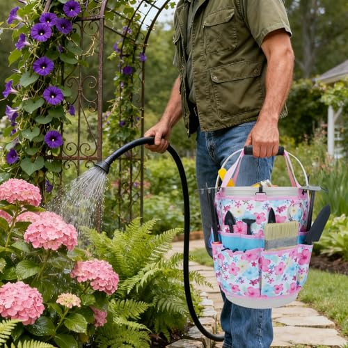 KUNN Gardening Gift for Women Men 5 Gallon Bucket Tool Organizer with 18 Pockets, Heavy-Duty Bucket Buddy Caddy Bag, Garden Tools Organizer Storage with Comfort Grip Handle Pad Attachment,Pink - style: Pink Blossom