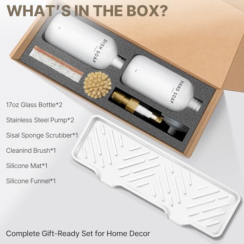 Kitchen Soap Dispenser Set - Dish Soap Dispenser for Kitchen with Self Drain Tray, 17oz Glass Bottle, Stainless Steel Pump, Sponge, and Dish Brush - Gold - color: White Bottle + Gold Pump