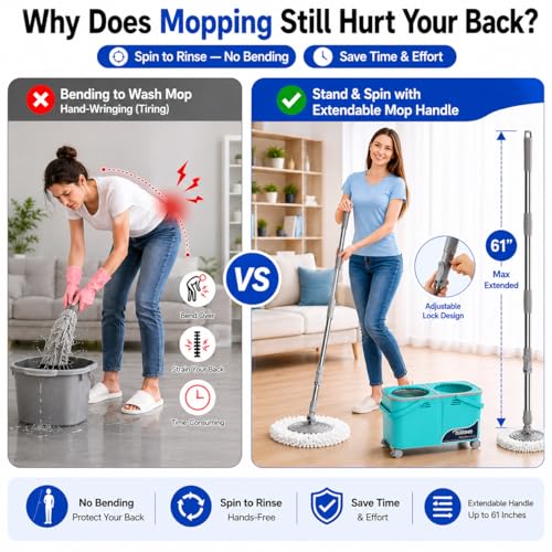 2026 Upgraded Easy-Use Spin Mop for Cleaner, Clean & Dirty Water Separation Mop Bucket for Pet & Family Homes,360° Swivel Wheels, Safe for Hardwood & Tile, Adjustable Handle,6 Reusable Mop Heads - size: RinseWise Spin Mop Bucket + 6 Extra Refill