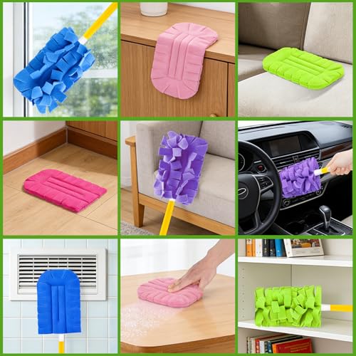 12PCS Fleece Reusable Duster Refills with 4 Handles, Washable Cleaning Pads in 6 Colors, 360° Dust Cleaning Brush for Home, Blinds, Car, Furniture, Fans, Wet & Dry Use