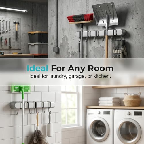 Wall Mounted Mop and Broom Holder, 4 Racks with 5 Hooks, Vacuum Suction Cup Design, Rust-Proof ABS Organizer for Kitchen Bathroom Garage Laundry Room (Grey)