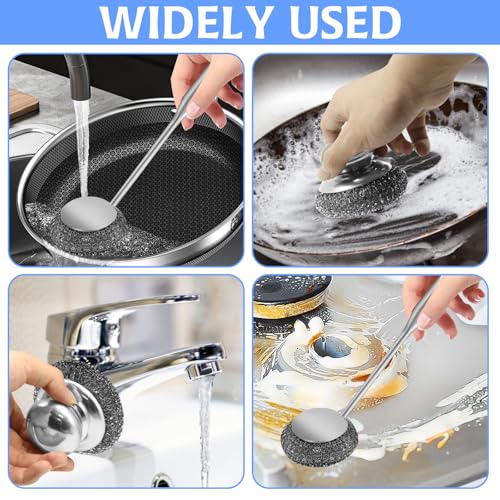 2Pcs Stainless Steel Wool Scrubber Sets, Dish Scrubber with Long Short Handle Stainless Steel Scrubber Cleaning Brush Metal Scrubber with Replacement, Steel Scrubber for Dishes Tableware Home Kitchen - color: 5pcs