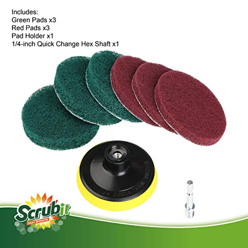 SCRUBIT Drill Brush Power Scouring Pads - Heavy Duty Tub and Tile Cleaner - Drill Scrubber Brush kit Includes Drill Attachment, 3 Red, 3 Stiff Green Scrubber Pads
