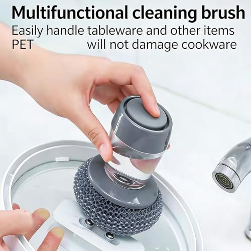 1/2Pcs Press to Clean Dish Brush with Automatic Soap Dispenser and Steel Scrubber for Kitchen Cleaning Easy to Use