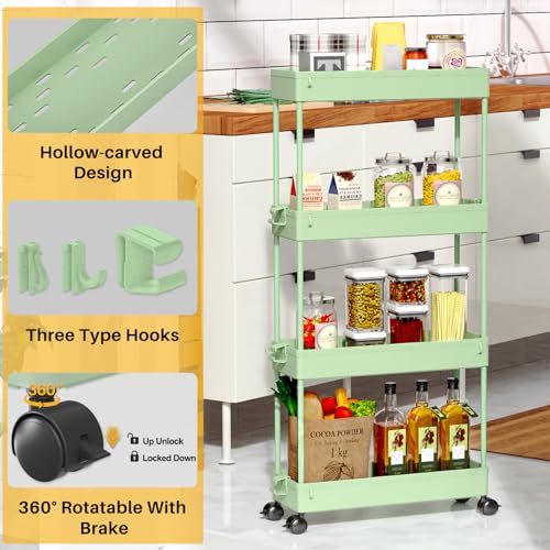 SPACEKEEPER Slim Rolling Storage Cart 4 Tier Bathroom Organizer Utility Cart Mobile Shelving Unit Tower Rack for Kitchen, Laundry Room, Bathroom, Narrow Places, Green - color: Green