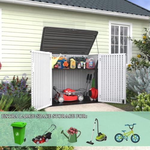 ADDOK 38 Cu.Ft Outdoor Storage Shed with Floor,Large Waterproof Resin Storage Cabinet with Lift-Up Lid,Double Doors and Lockable Design for Lawn Mower,Garden Tools, Patio,Backyard and Pool Supplies - size: Off-White 38 Cu.Ft