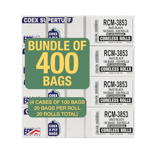 Aluf Plastics - 3 Ply Trash Bags, 44 Gallon, 1.25 Mil (eq), 38"x53", Black, 400 Count (5 Rolls of 20) - style: 44 Gal, 1.25 Mil Equiv, 400 Count