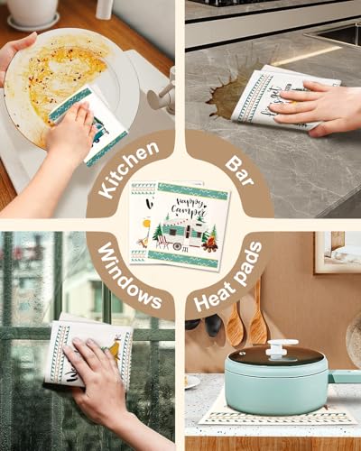Miss Adola Swedish Dishcloths for Kitchen with Hooks - Reusable Dish Cloths for Washing Dishes Fast Drying Cute Fun 5 Pack Swedish Dish Towels Washable Cleaning Sponge, Green Camping - color: Green Camping