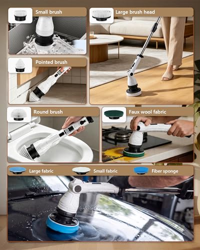 Cordless Electric Spin Scrubber, IPX7 Waterproof with 8 Replaceable Brush Heads, 3 Speeds & 6 Adjustable Angles, Extension Handle and LCD Display, for Bathroom, Bathtub, Kitchen & Wall Cleaning