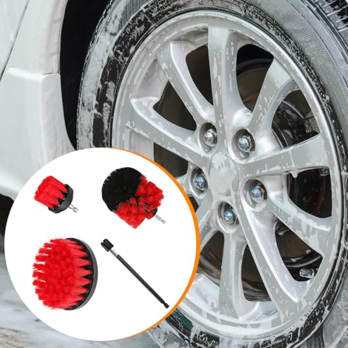 4PCS/Set Car Drill Brush Attachment Set, Vehicle Drill Scrub Brushes Kit with Extended Long Rod, Automotive Power Cleaning Scrubber Accessories, Universal for SUV, Sedan, Truck (Red) - color: Red