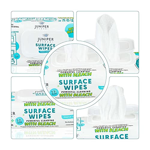 Juniper CLEAN 3 Pack Surface Cleaning Wipes with Bleach, All-Purpose Cleaner for Bathroom, Kitchen, Office, 216 Count Soft Flow, Fresh Scent, Lint Free & Durable - size: 72 Count (Pack of 3)