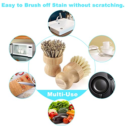 Bamboo Dish Brush Set, 4 Pcs Palm Wooden Dish Scrubber Brush, Dish Brushes, Durable Wood Dishes Scrub Brush, Natural Round Vegetable Cleaning Pots Pans Sink Washing Kitchen Brush by Aisuly - size: 2p Palm+2p Sisal