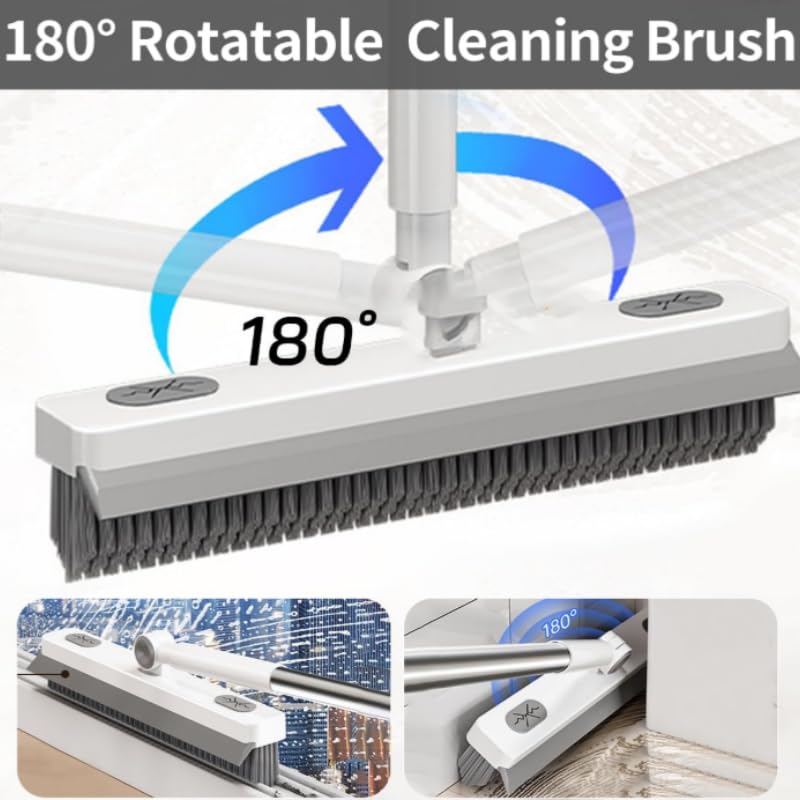 Floor Scrub Brush with Long Handle, Dual-Sided Stiff Bristle Grout Brush with 180° Rotatable V-Shape Head, Heavy Duty Shower Cleaning for Bathroom Tile, Patio, Deck, Garage, Pool & Corner