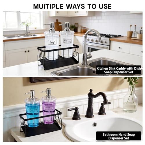 Kitchen Sink Caddy with Dish Soap Dispenser Set,16oz Hand and Dish Soap Dispenser Set with Sponge Holder, 2Pcs Clear Bottle with Pump Large Opening Easy to Fill Kitchen Sink Organizer Countertop
