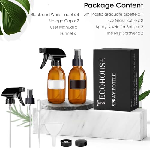 Tecohouse Glass Spray Bottles 4 OZ, Amber Empty Spray Bottle for Essential Oils, Small Glass Bottles for Cleaning Solutions, Plants, with Durable Nozzle, Labels, Funnel, Pipettes - color: Amber