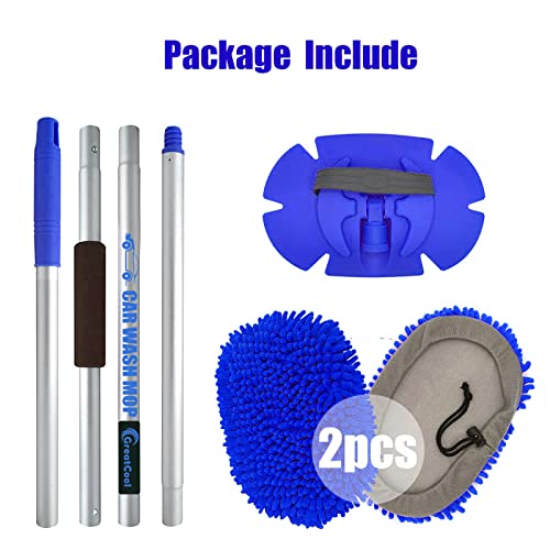 62" Car Wash Brush Mop Kit with Long Handle, 2 in 1 Chenille Microfiber Sponge Mitt Cleaning Detailing Duster for Washing Cars Truck SUV RV Caravans and Household(2 x Mop Head) (Blue) - color: Blue