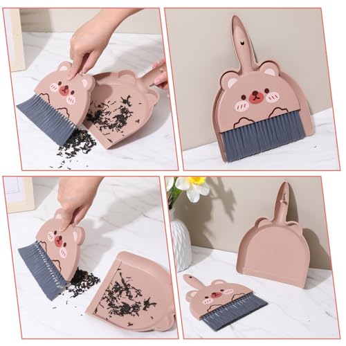Portable Hand Broom and Dustpan Set, Cute Mini Dustpan and Brush with Bear Pattern, Small Cartoon Space Cleaning Tool for Home Office Desktop Car Camping Kitchen Tabletop (Brown) - color: Brown
