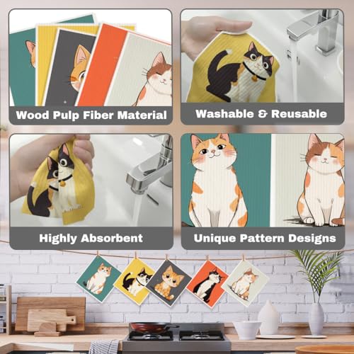 5 Pcs Cartoon Kitty Swedish Dishcloths, Cat Themed Swedish Dishcloth, Artistic Dish Cloths for Drying Dishes, Reusable Cleaning Cloths, Housewarming Gifts for Women - color: Lm 04248