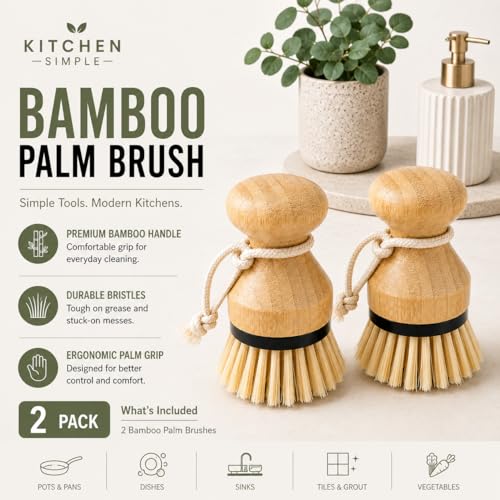 Kitchen Simple Bamboo Palm Brush Set, 2 Pack Dish Scrub Brushes for Pots, Pans, Dishes, Sink & Vegetable Cleaning, Durable Bristles, Bamboo Handle, Black Accent & Cotton Hanging Loop