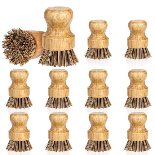 12 Packs Bamboo Dish Scrub Brush Wooden Washing Scrubbers with Sisal Bristles Kitchen Palm Pot Brush Round Mini Dish Brushes for Household Iron Pot Pan Sink Sink Vegetables Cleaning (Brown) - color: Brown