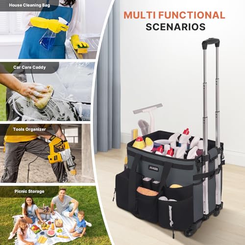 JKAOO Large Rolling Cleaning Caddy Bag with Detachable Trolley, Gray | Waterproof Cleaning Caddy with Wheels, 40L Wheeled Organizer Cart for Supplies, Housekeepers, Home, Office, Car, Picnic - color: Gray
