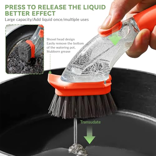2-in-1 Soap Dispensing Dish Brush with Handle - Kitchen Scrub Brush for Easy Cleaning of Dishes, Pots, Pans, and Sinks (Green) - Efficient and Ergonomic Design Orange - color: Orange