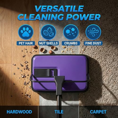Manual Carpet Sweeper, Electric-Free Quiet Floor Sweeper with 300ml Easy-Empty Dustbin, 6.7” Cleaning Width for Pet Hair, Crumbs, Dust on Carpets, Hardwood, Tile - Home & Office Use (Purple) - color: Purple