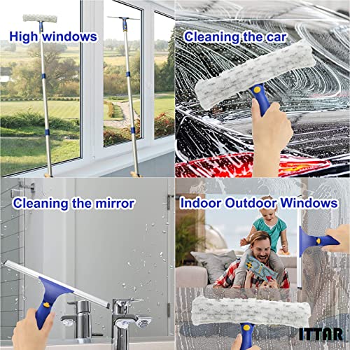 ITTAR Window Squeegee with 2 Sets Separate Pole, 12" Rubber Squeegee and 11" Microfiber Pads, 60"-73.6" Telescopic Window Cleaning Kit with Rotating Head for High Windows, Shower Glass, Car Windshield