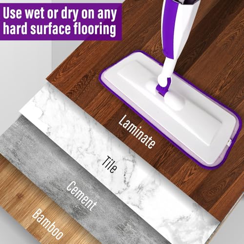 Microfiber Hardwood Floor Spray Mop with 3 Pads & Refillable Bottle | 400+ML refillable bottle, 360° swivel head, wet mopping & dry sweeping for hardwood, tile, laminate and sealed wood floors. - color: Purple