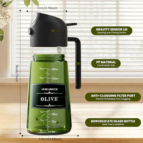 OURCABECUE Upgraded Made Oil Sprayer for Cooking 2 Set, 2 in 1 Spray and Pour Olive Oil Dispenser 16oz 470ml Dark Green Oil Spray Bottle, Mist Olive Oil Dispensing with Scale & 8 Labels - color: Green Bottle-Black Cap Scale