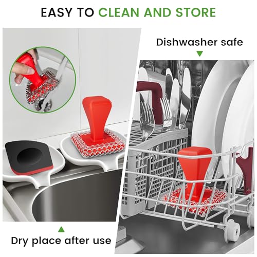 TOPULORS Cast Iron Scrubber Cleaner & 316L Stainless Steel Chainmail Scrubber with 2 Scrapers, Ergonomic Silicone Handle Brush for Pans Skillets Grills Dishes Cleaning - Non-Scratch Rust-Proof - Red