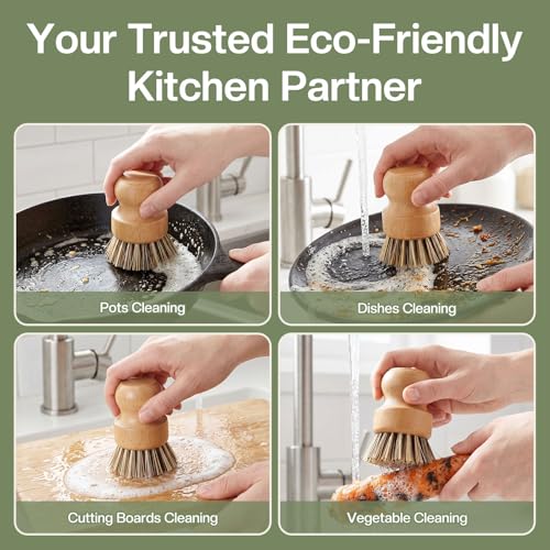 Wooden Dish Brush with Metal Stand Handheld Bamboo Wok Brush Scrubber for Dishes Pans Pots Fruit and Veggie Washing(1,Beige Brown) - color: Beige Brown