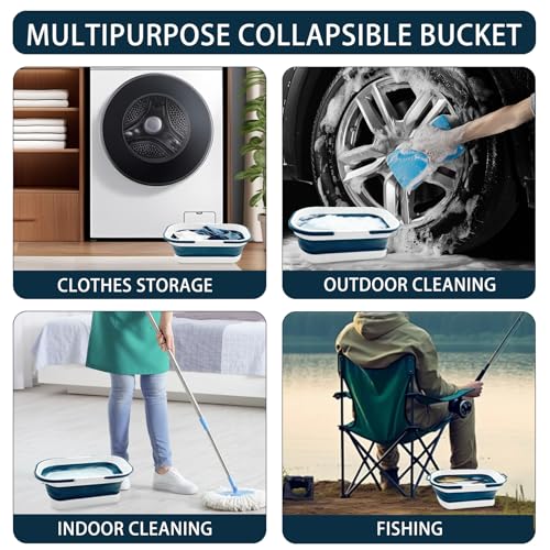 2 Pack Collapsible Plastic Bucket, Large Foldable Cleaning Mop Container, 3.17 Gal Rectangular Portable Water Pail with Handle for House Laundry Fishing Camping Car Washing Storage Green, Grey