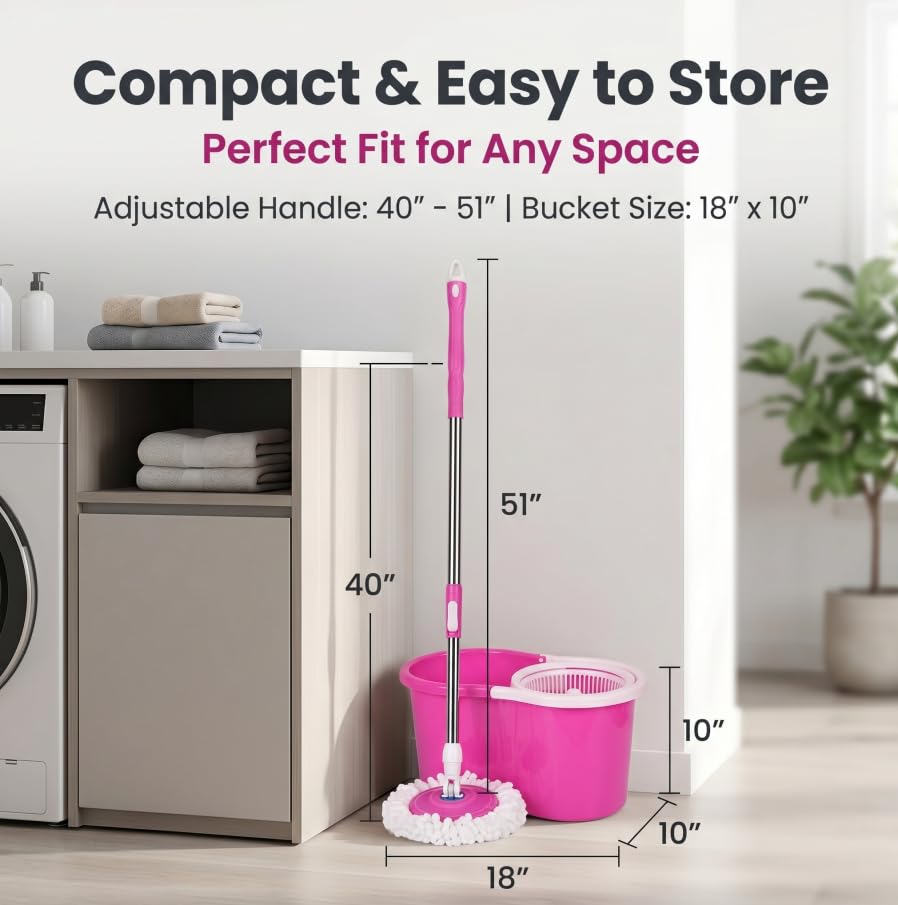 Universal Spin Mop and Bucket Set, 360° Rotating Self-Wringing Floor Cleaner, Microfiber Mop Head, Hands-Free Wringing, Pink