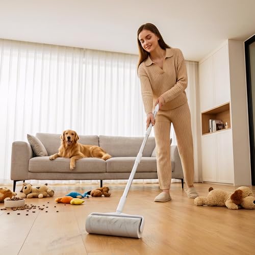 Large Floor Lint Roller with Extendable Long Handle, 9.45" Extra Wide Sticky Roller, 400 Sheets with 3 Refills, Heavy Duty Pet Hair Remover for Floor, Carpet, Couch & Hard-to-Reach Areas - size: 4 Pack Floor Roller
