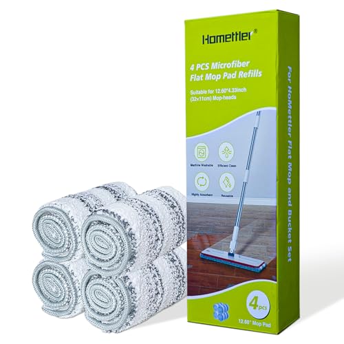 HoMettler Flat Mop Pads, Machine Washable Pads, Microfiber Mop Cleaning Pads, Replacement Flat Mop and Bucket Set, Pack of 4 Pcs 12.60×4.33 inch