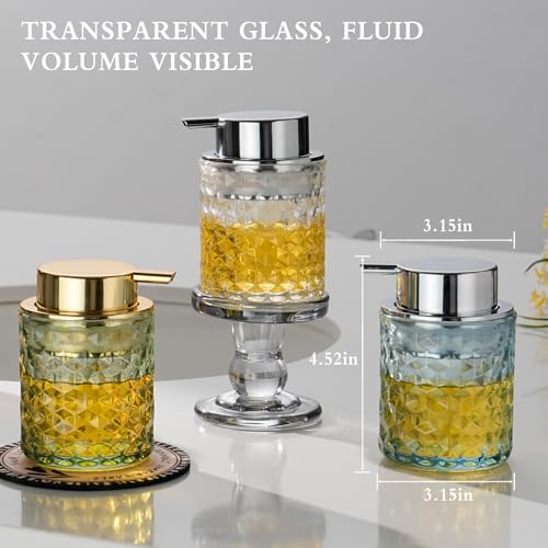 CICUFY Hand Soap Dispenser Glass, Refillable Liquid Dispenser for Bathroom & Kitchen,Lotion Dispenser with Large Gold Pump๏ผDiamond Pattern-Pink๏ผ - color: Pink, style: Liquid(can't foam)/Diamond Pattern