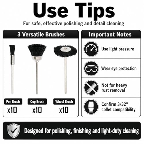 Soft Nylon Bristle Brushes Cup Wire Brush Set Cleaning Polishing Accessories 2.35mm Shank for Rotary Drill Tools Pack of 30 Pieces
