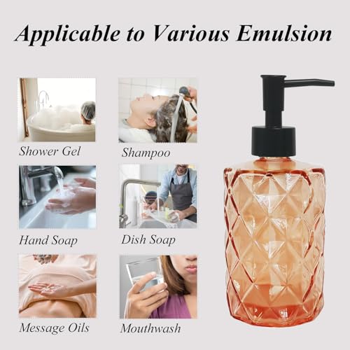 12Oz Small Glass Soap Dispenser with Black Plastic Pump, Amber Refillable Kitchen Countertop Liquid Hand Soap Dispensers with Diamond Design, Crystal Bathroom Lotion Bottle for Dispense Dish Soap - color: Amber Diamond