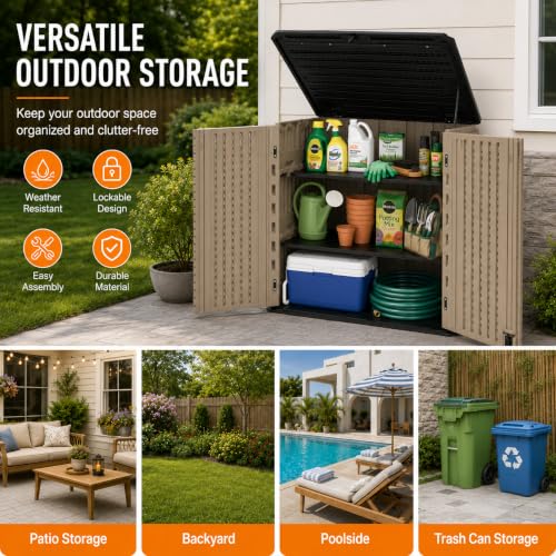 ADDOK 26 Cu.Ft Outdoor Storage Shed with Floor,Large Waterproof Resin Storage Cabinet with Lift-Up Lid,Double Doors and Lockable Design for Lawn Mower,Garden Tools, Patio,Backyard and Pool Supplies - size: 26 Cu.Ft-Brown