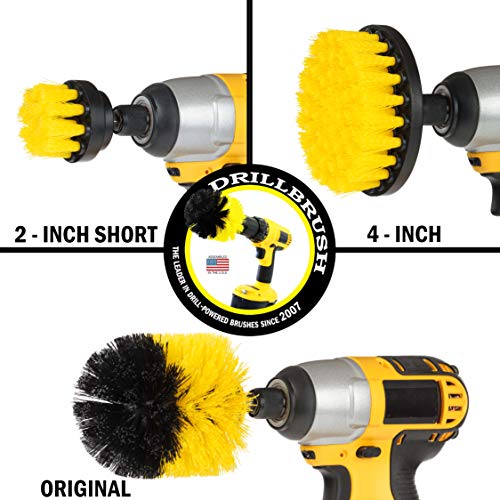 Drillbrush Heavy Duty Grout Cleaner Drill Brush Attachment Set With Drilltergent All Purpose Cleaner - Drill Powered Spin Brush For Cleaning Bathroom Surfaces Like Tile, Grout, Showers, Tubs, and More