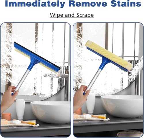 Professional 2-in-1 Window Squeegee with Telescopic Stainless Steel Handle (13.3"-18.9") | Sponge & Scraper for Glass, Shower, Car & High Surfaces