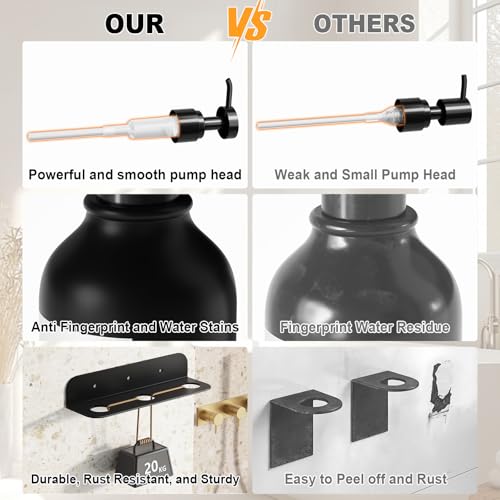 Refillable Shampoo and Conditioner Dispenser Set of 3 - Wall Mounted No Drill Pump with Bottles, 3 Chamber for Shower Soap and Body Wash Dispenser with Labels, Matte Black Bottle for Bathroom (16oz)