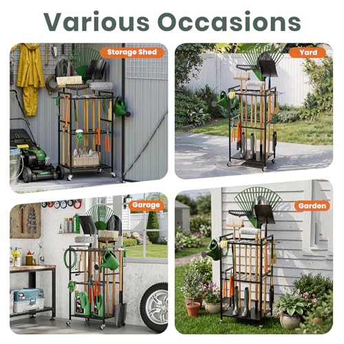 SPACECARE Garden Tool Organizer with Wheels, Yard Tower Rack for Garage Organization and Storage, Up to 35 Long-Handled Tools/Rakes/Brooms, Heavy Duty Steel Garden Tool Stand for Shed, Outdoor, Black - style: RACK-with Wheels